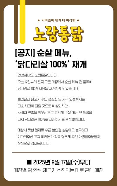 노랑통닭, 순살 메뉴 '닭다리살 100%' 사용 재개