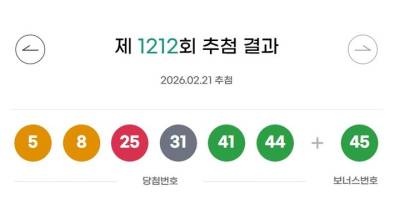 1212회 로또 1등 12명명, 각 26억5000만원…당첨번호 5, 8, 25, 31, 41, 44…보너스 45