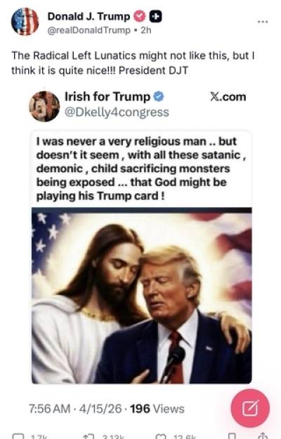 트럼프, 예수 품에 안긴 채…"광신도들 좋아할 수도" 사진 업로드, 왜?