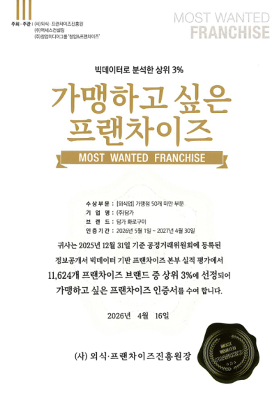 담가화로구이, ‘가맹하고 싶은 프랜차이즈 300’ 선정…빅데이터가 인정한 외식 브랜드 경쟁력