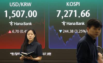 "고점에 물린 걸까"…코스피 3.25% 떨어진 7271.66에 마감